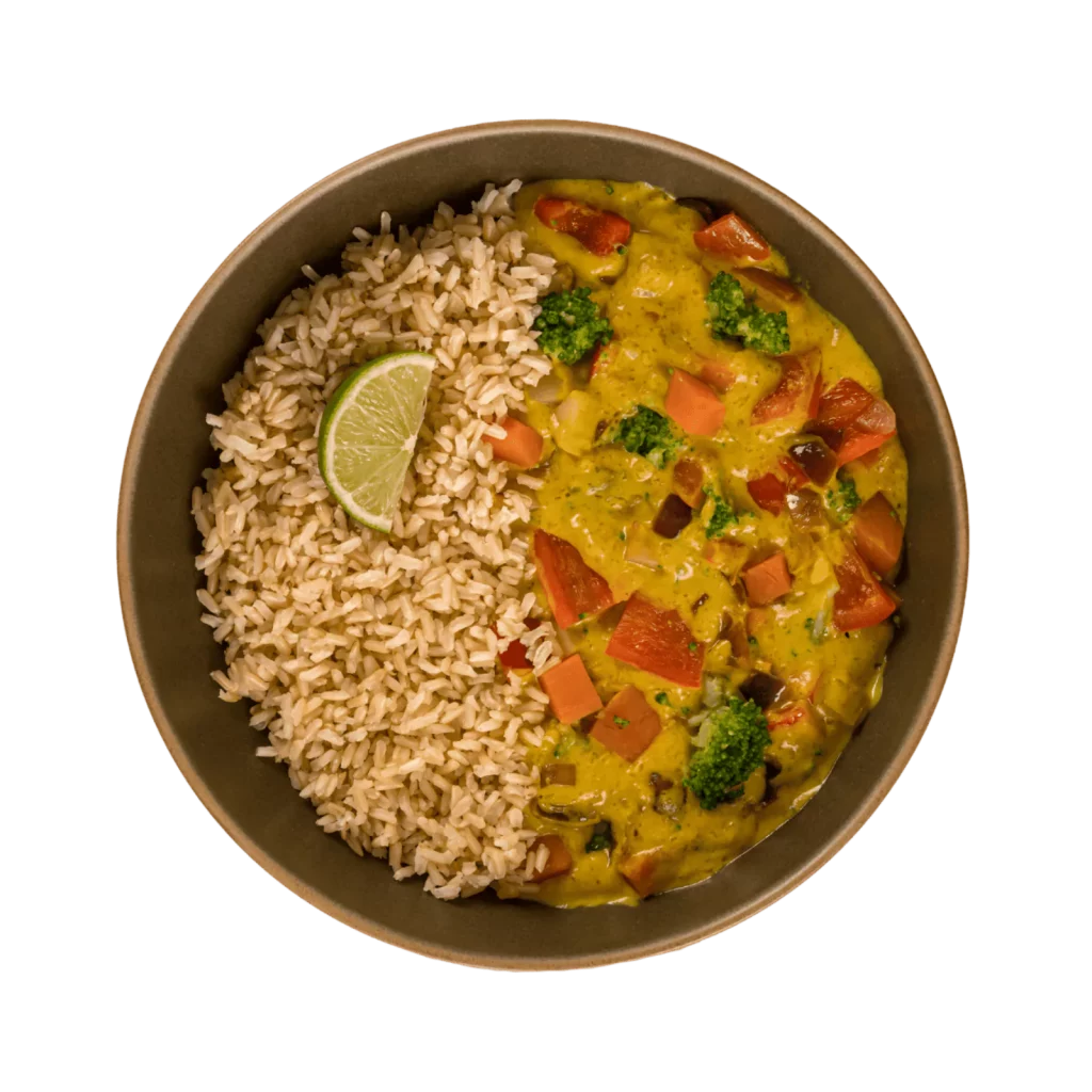 voll&ganz vollwertige Fertiggerichte Süßkartoffel Gemüse Curry mit Naturreis